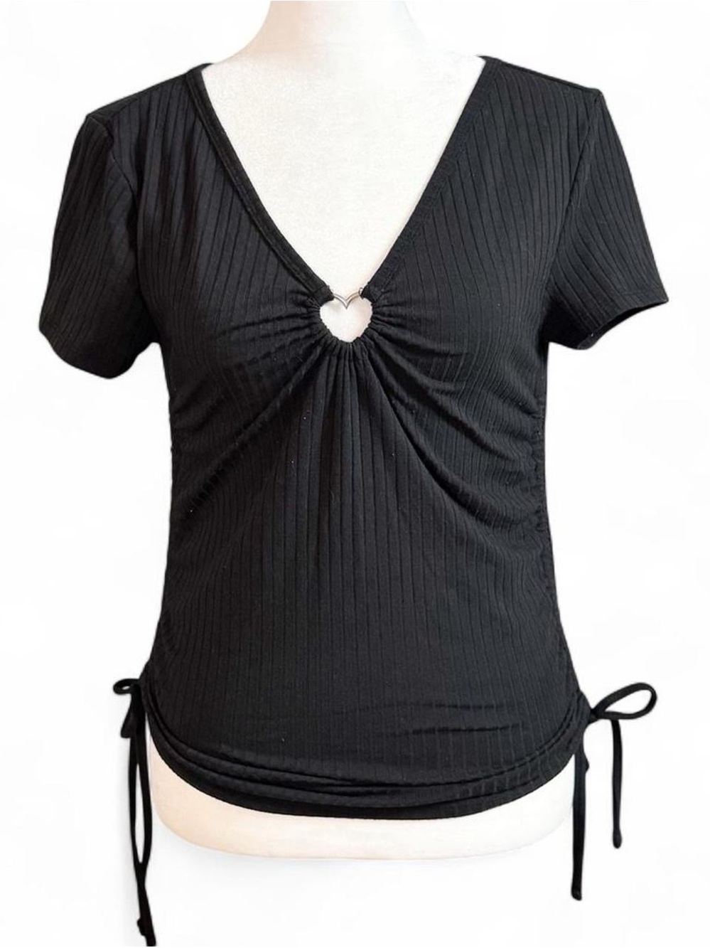 No Boundaries Black Ribbed Ruched Top Women’s Medium Y2K Stretch